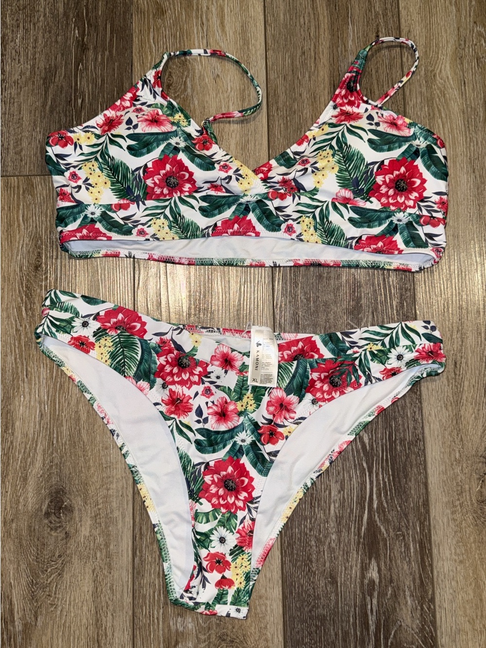 Tropical Floral Two-Piece Bikini in White with Red & Green
